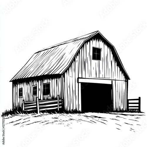 Rustic monochrome sketch of a barn with fence.