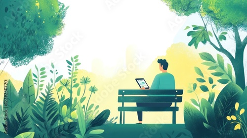 Man using tablet on park bench, surrounded by lush greenery.