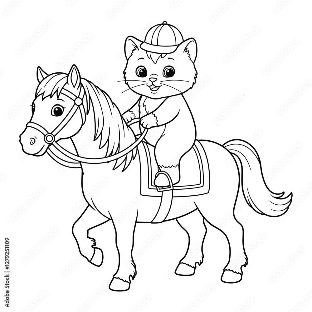 Fototapeta premium Cute Cat Riding a Horse Coloring Page for kis