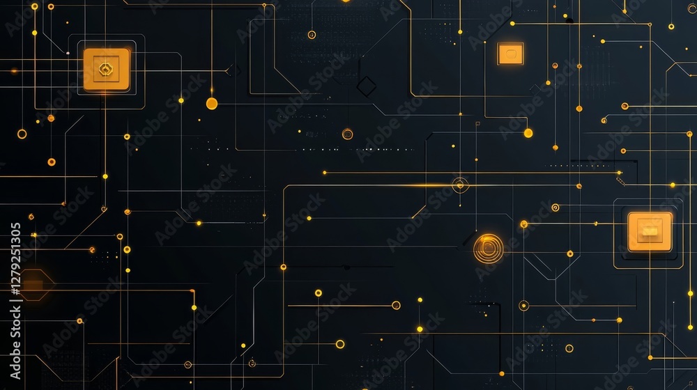 Fototapeta premium Abstract Technological Circuitry: Glowing Orange Lines and Nodes on Dark Background