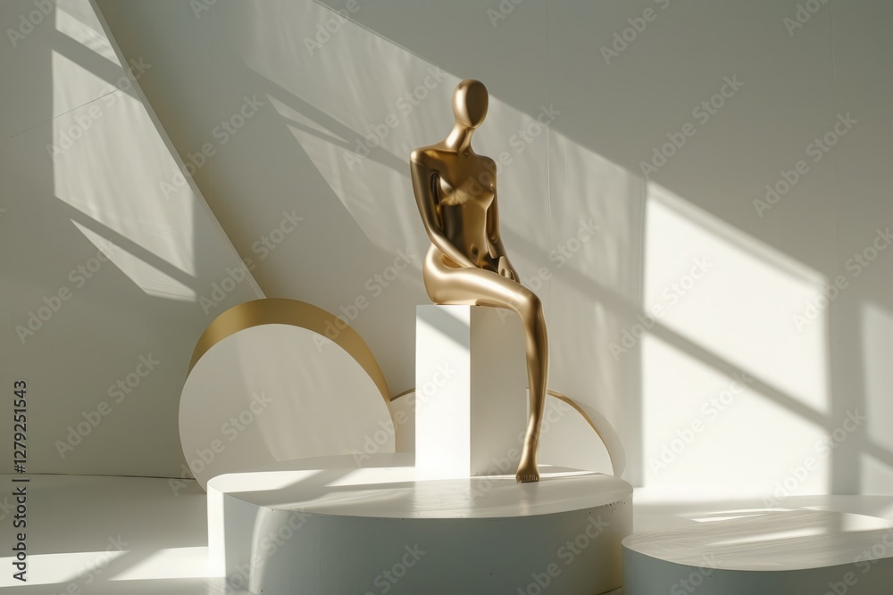 Gold Mannequin Displayed on Minimalist White Background with Shadows Gold Mannequin Displayed on Minimalist White Background with Shadows