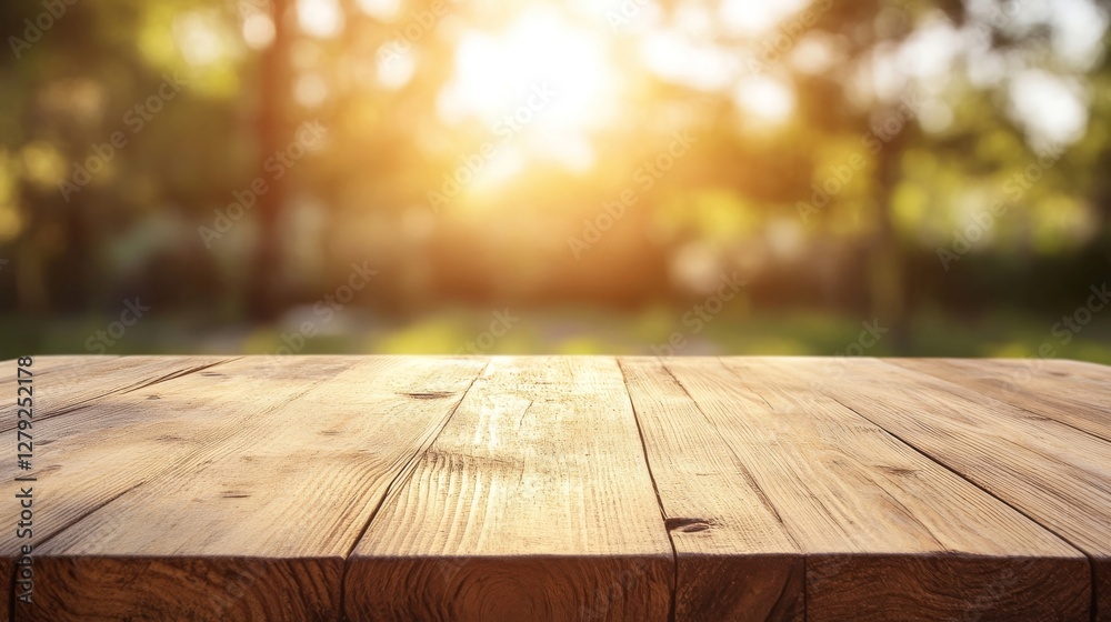 Wooden Tabletop Against a Blurred Sunny Forest Background Wooden Tabletop Against a Blurred Sunny Forest Background