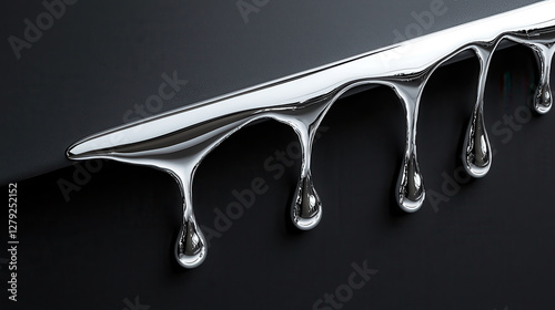 Liquid chrome rivulet dripping across matte black surface, creating striking visual effect