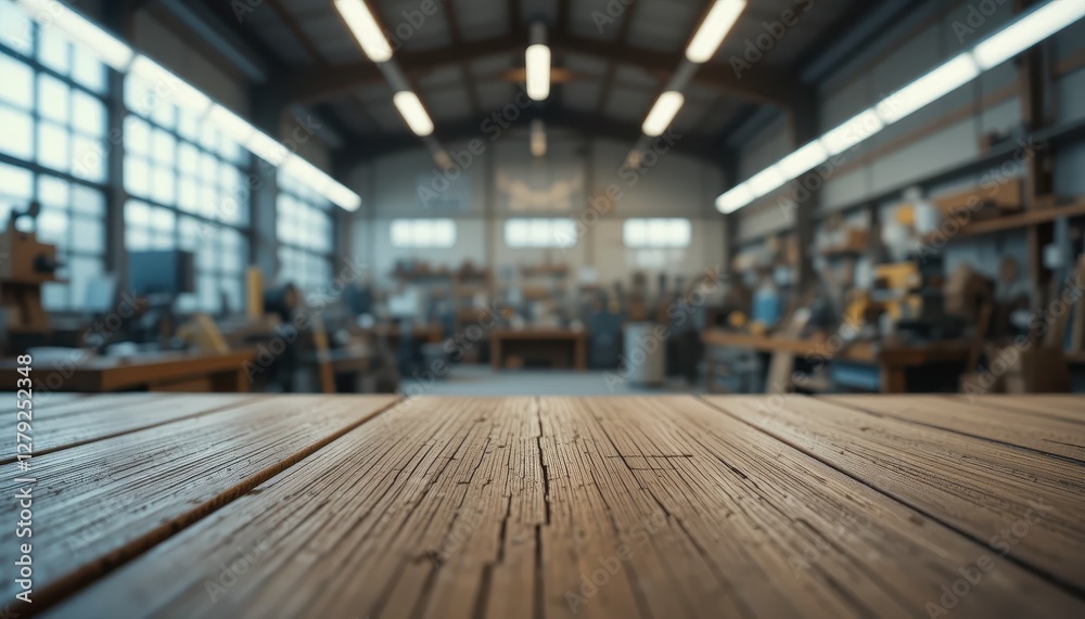 Rustic Wooden Table Surface with Workshop Background in Focus Rustic Wooden Table Surface with Workshop Background in Focus