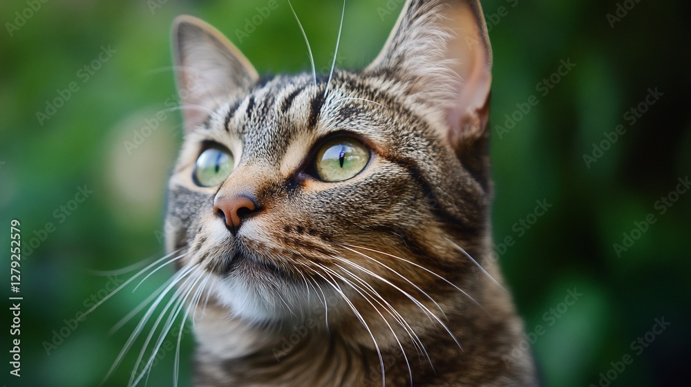 Close-up portrait of a curious tabby cat looking up, outdoors. Close-up portrait of a curious tabby cat looking up, outdoors.
