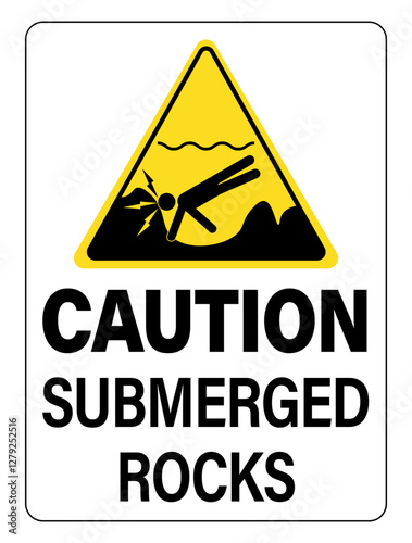 Caution submerged rocks. Yellow triangle hazard sign with pictogram of swimmer banging his head on the rocky seabed. Text below.