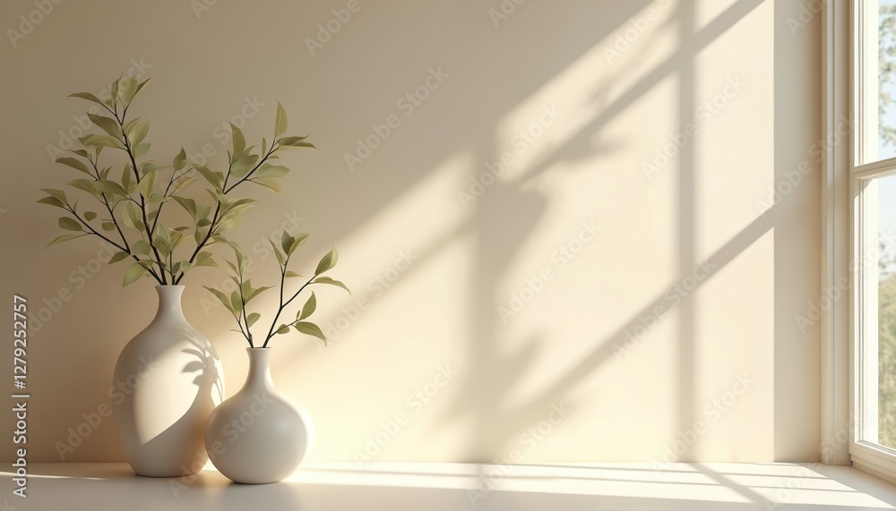 Minimalistic light beige background with intricate window shadow. Two vases with leafy branches. Modern natural design template for product presentation, beauty, show, exhibition. Copy space, empty Minimalistic light beige background with intricate window shadow. Two vases with leafy branches. Modern natural design template for product presentation, beauty, show, exhibition. Copy space, empty