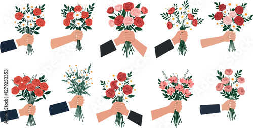 Colorful bouquets held by diverse hands in a flat design style showcasing various flower arrangements in vector art