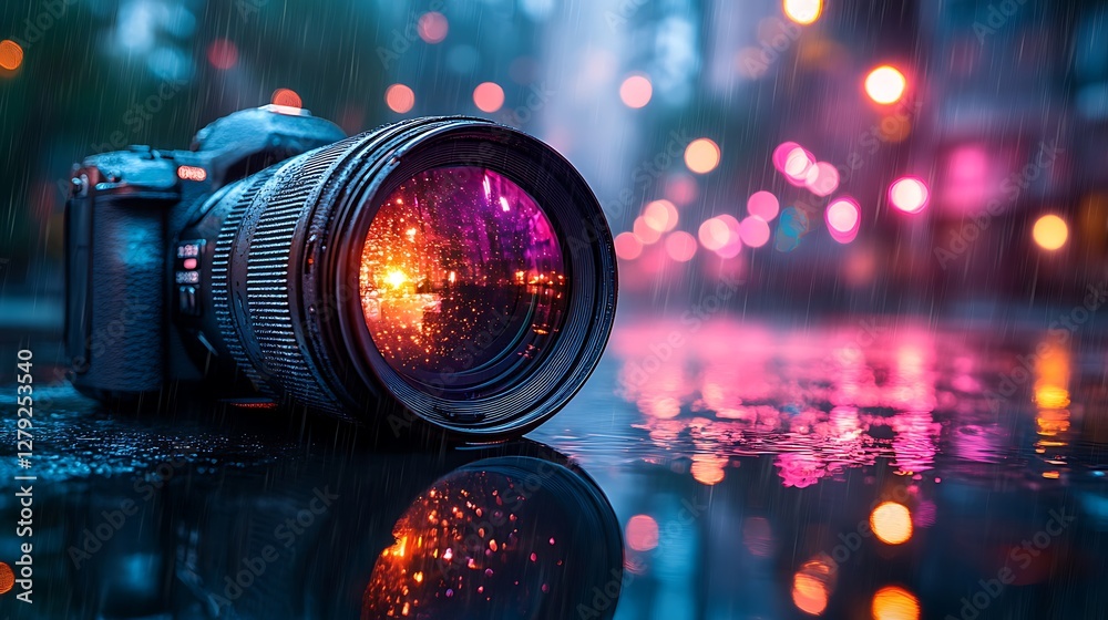 Futuristic photography theme with illuminated bokeh in lens reflection Futuristic photography theme with illuminated bokeh in lens reflection