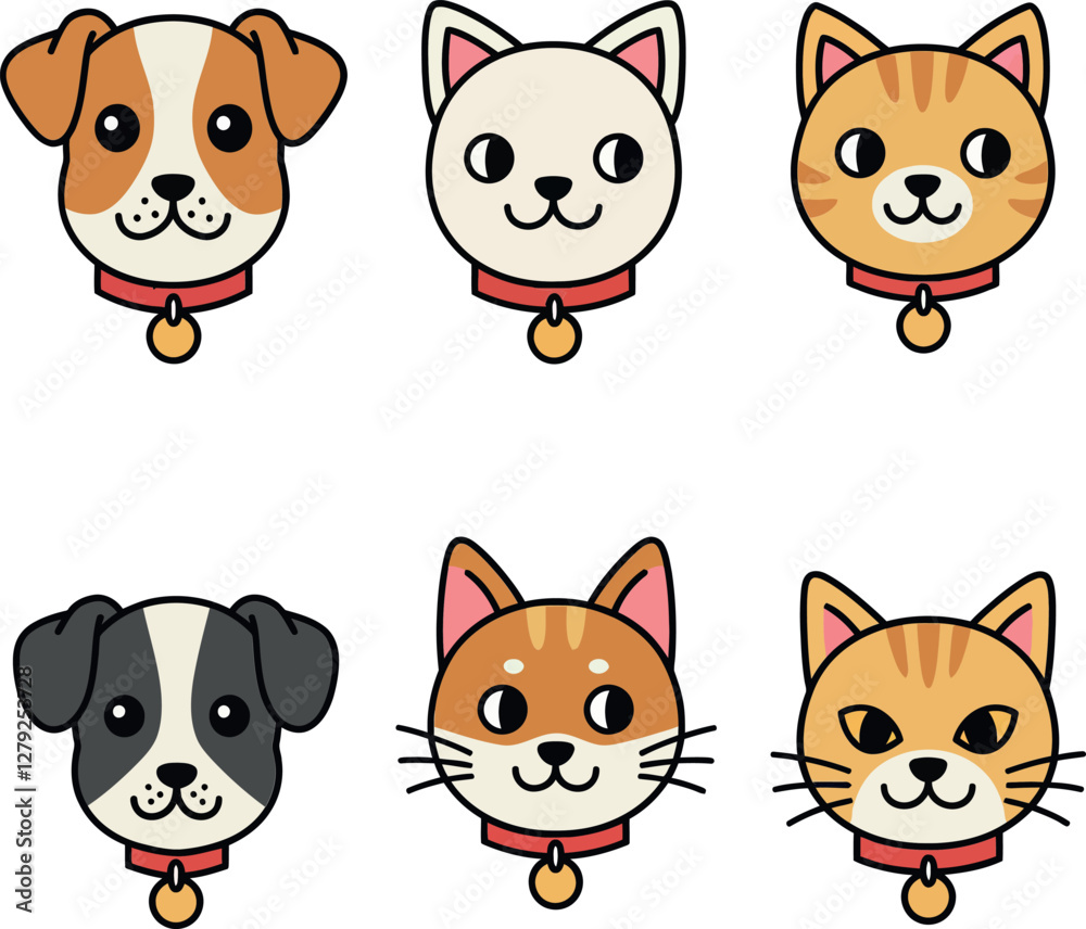 Playful collection of pet faces featuring a dog and cat in flat design style as cheerful vector illustration Playful collection of pet faces featuring a dog and cat in flat design style as cheerful vector illustration