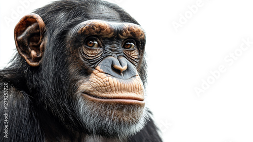 Portrait of a chimpanzee, showcasing its expressive face and intricate details against a bright, clean background. Compelling gaze, striking. photo