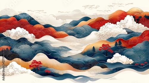 Abstract Asian landscape with stylized mountains and clouds