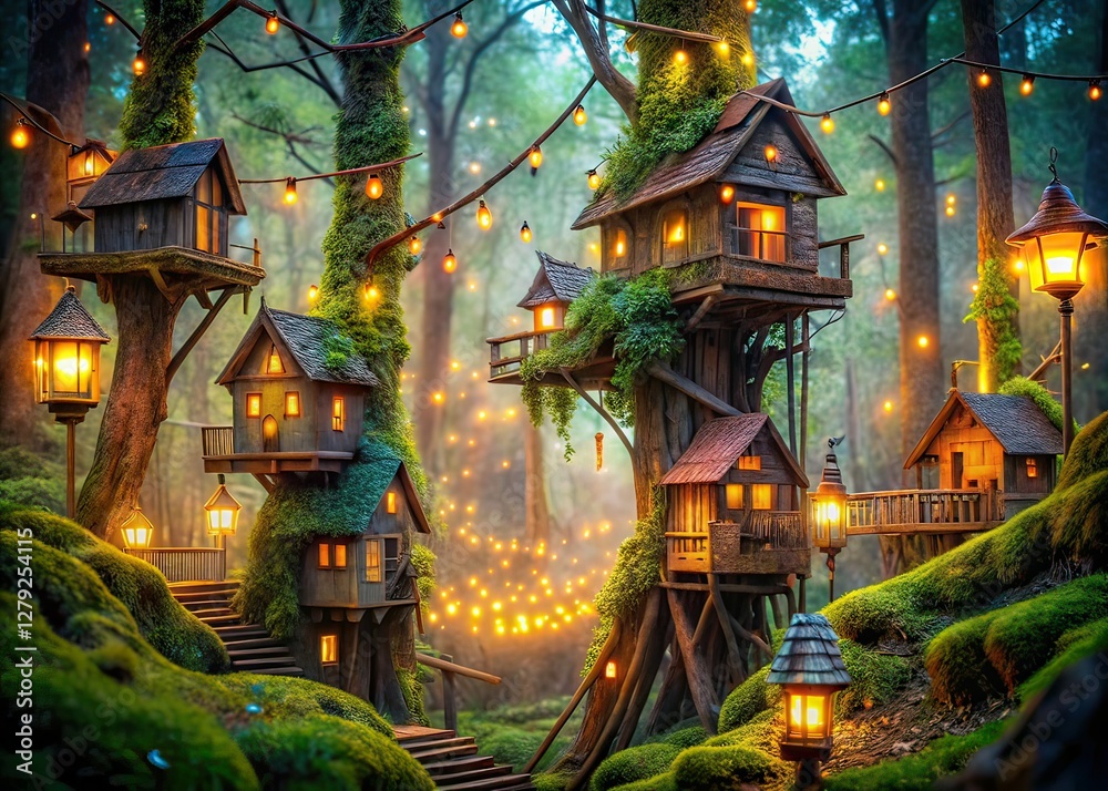 Fototapeta premium Magical Treehouse Village, Bokeh Lights, Fairy Tale Forest