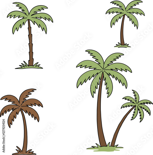 Four distinct palm trees with varying styles, colors, and shapes in a flat design vector illustration