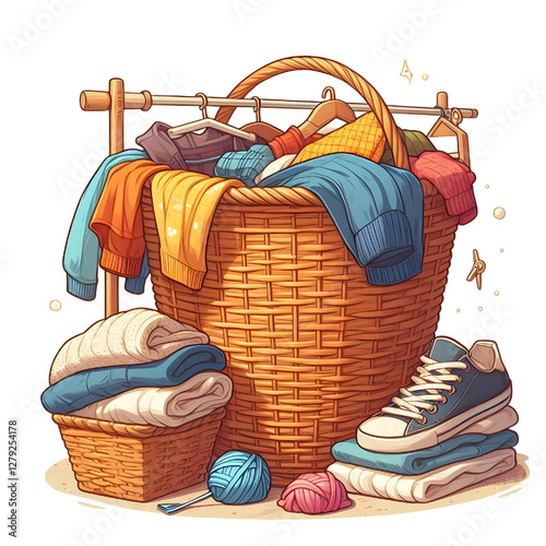 Laundry basket clean clothes cleaning chores housework, clean clothes and Wicker basket with clean laundry isolated on white background