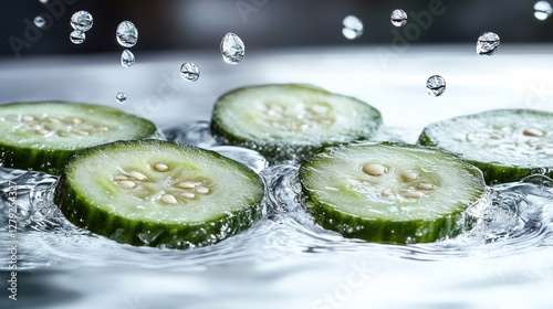 Cucumber slices in water, splashes, skincare photo