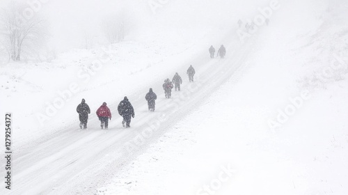 People walking on snowy road in winter blizzard photo