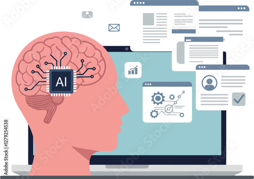 Human head with AI brain chip integrated, surrounded by data screens in a flat vector illustration depicting technological advancement and innovation