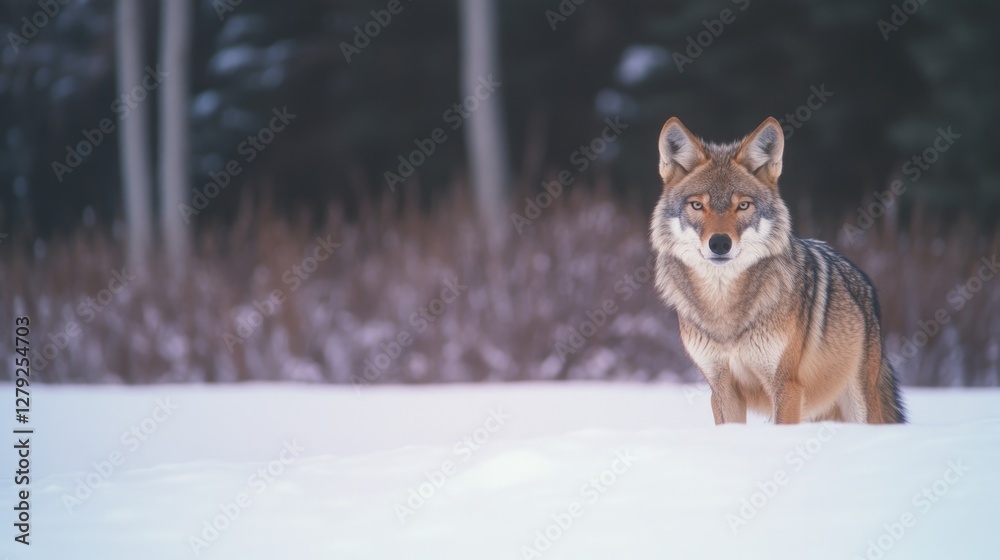 Obraz premium Majestic coyote stands in fresh snow, blending with serene winte