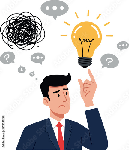 Businessman pondering ideas while surrounded by chaotic thoughts, illuminated by a bright light bulb in a flat vector illustration