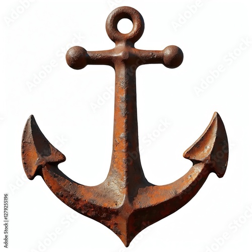 Isolated rusty iron ship anchor on transparent background. Metallic aged grunge object. Sea vessel naval symbol with weathered texture. Heavy marine equipment used for sailing ships, boats. photo