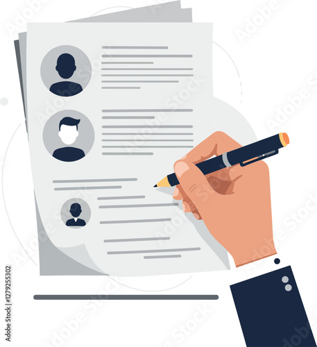 Hand writing on a resume with profile outlines in a flat design showcasing professional identity and organization in vector art