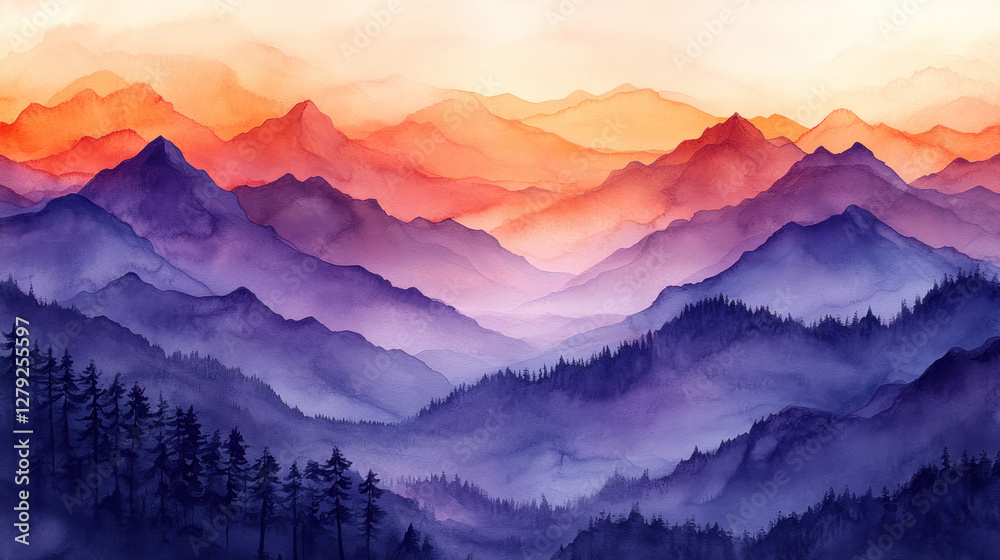 Fototapeta premium Watercolor wallpaper of abstract mountain ranges with soft gradient hues of purple and orange