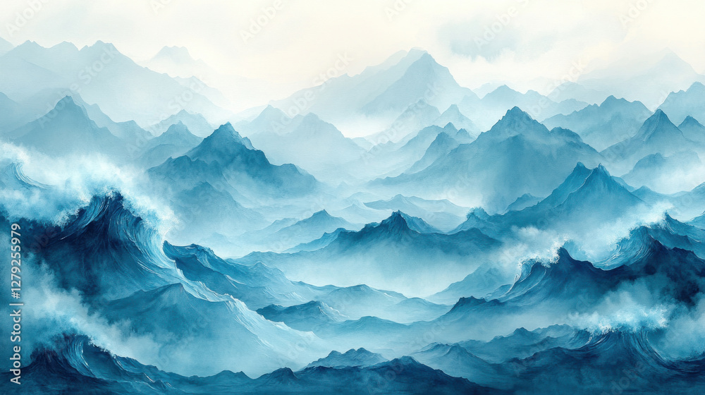 Fototapeta premium Watercolor wallpaper with abstract wave patterns in calming shades of teal and aquamarine