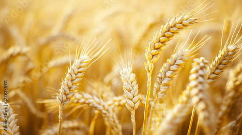 Golden wheat field at sunset, embodying nature's bounty and agricultural abundance. Ripe grains sway gently in the summer breeze. photo