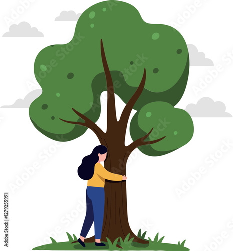 A woman embracing a large green tree in a grassy area under soft clouds, featuring flat design vector art