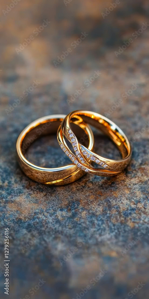 Captivating interwoven gold wedding rings, adorned with sparkling diamonds, symbolize eternal love and commitment.
