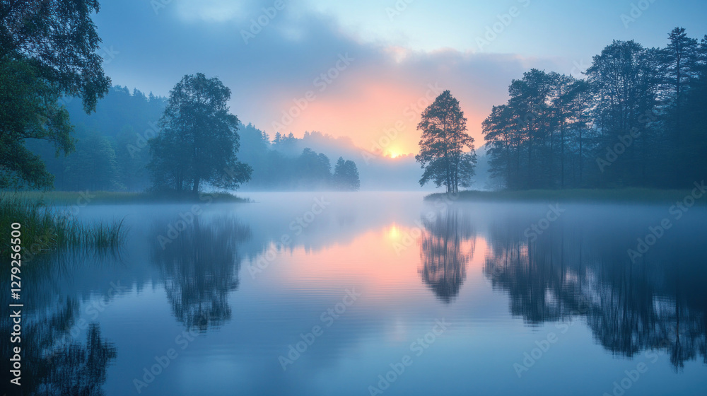 Fototapeta premium Weather background with layers of fog rolling over a tranquil lake at dawn