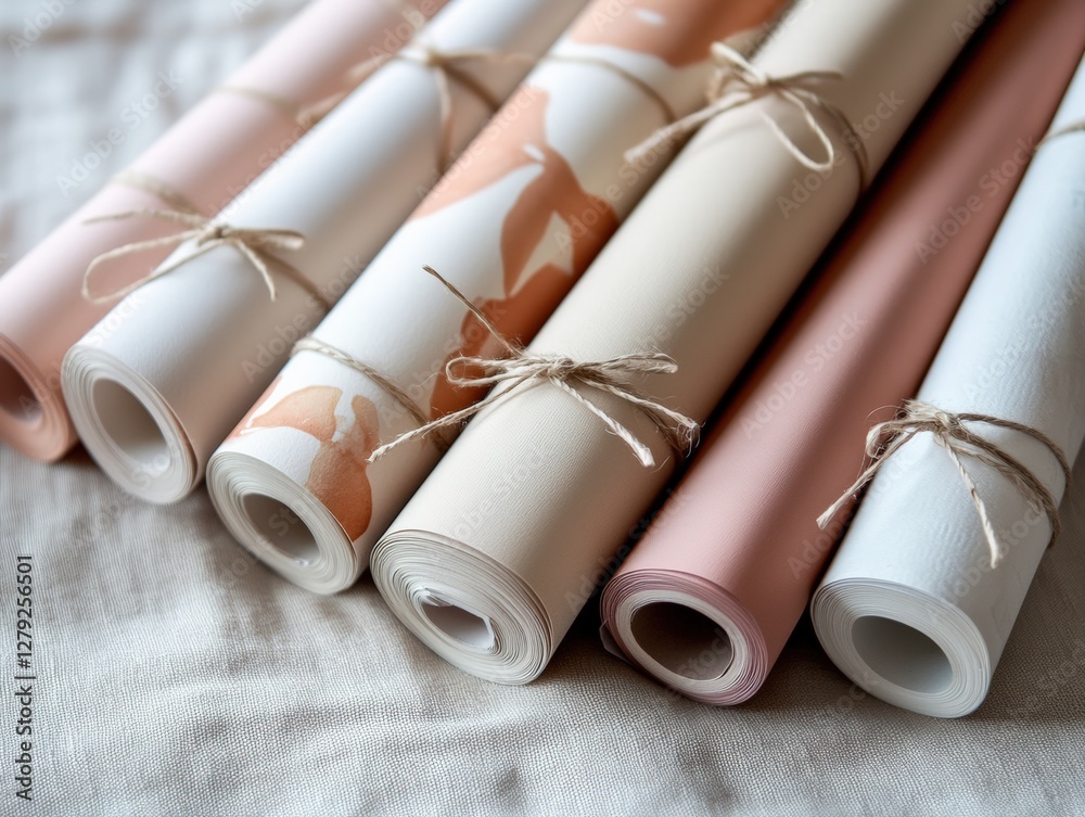 Fototapeta premium Decorative rolled papers in soft pastel colors arranged neatly on a textured surface showcasing creative design ideas and artistic inspiration concept