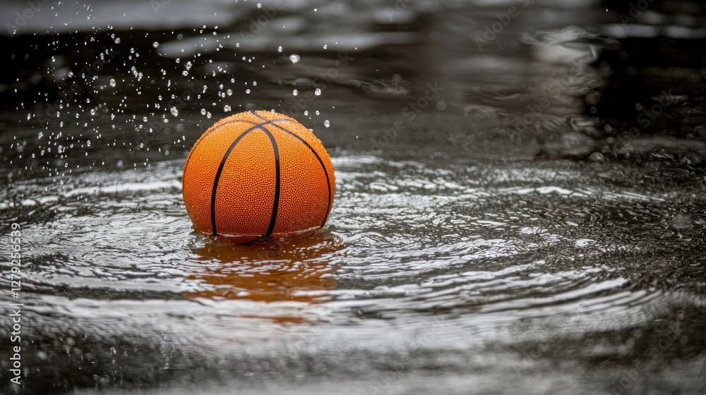 Basketball in puddle, splashing water, urban scene, possible stock photo Basketball in puddle, splashing water, urban scene, possible stock photo