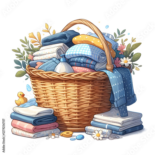 Laundry basket clean clothes cleaning chores housework, clean clothes and Wicker basket with clean laundry isolated on white background
