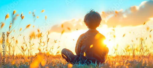 Child meditating at sunset in a field of tall grass. Peaceful scene for meditation, mindfulness, and childhood themes