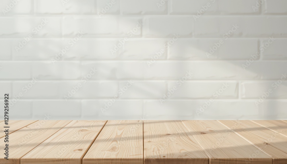 Fototapeta premium Bright and Airy Wooden Table Against White Brick Wall Background