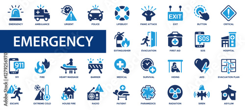 Emergency flat icons set. SOS, ambulance, 911, urgency, police, medical, hospital icons and more signs. Flat icon collection.
