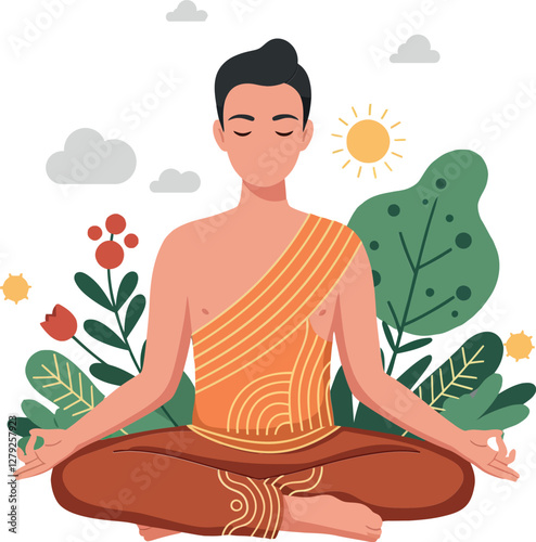 A serene young man meditating in a lush garden surrounded by vibrant plants, illustrated in a flat, colorful vector art style