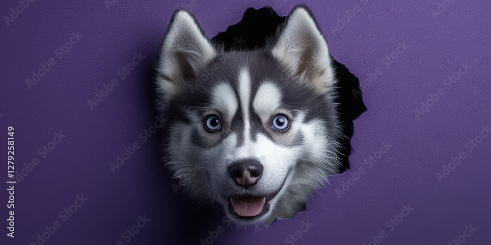 Siberian husky peeking through a purple wall expressing curiosity and playfulness Siberian husky peeking through a purple wall expressing curiosity and playfulness