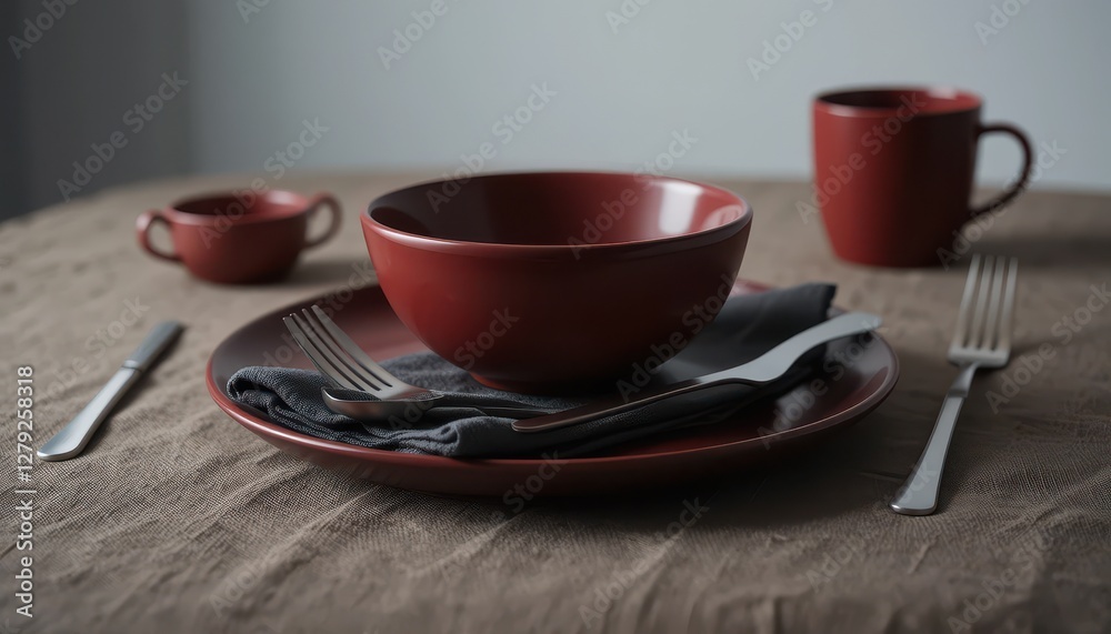 Rustic Table Setting with Red Dishware and Simple Cutlery Rustic Table Setting with Red Dishware and Simple Cutlery