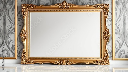 Elegant gold framed mirror reflecting light in a luxurious interior setting, luxurious, mirror, framed
