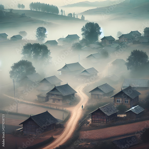 Misty Village Scene with Traditional Houses and Foggy Countryside Roads