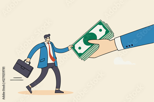 Getting paid, salary, wages payment or bonus, reward or employee benefits, tax refund or investment profit earning, loan or mortgage concept, business man hand giving money banknote to happy employee.