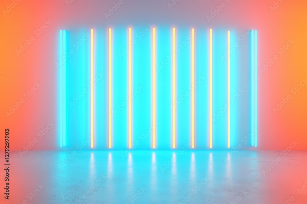 Fototapeta premium Vibrant neon light wall with colorful gradients and reflections, minimalistic design.