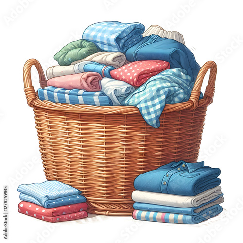Laundry basket clean clothes cleaning chores housework, clean clothes and Wicker basket with clean laundry isolated on white background
