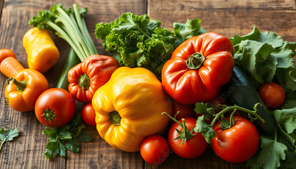 fresh organic vegetables on a wooden table, including peppers, tomatoes and lettuce, natural light, top view, bright colors fresh organic vegetables on a wooden table, including peppers, tomatoes and lettuce, natural light, top view, bright colors