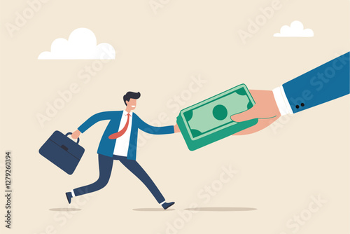 Getting paid, salary, wages payment or bonus, reward or employee benefits, tax refund or investment profit earning, loan or mortgage concept, business man hand giving money banknote to happy employee.