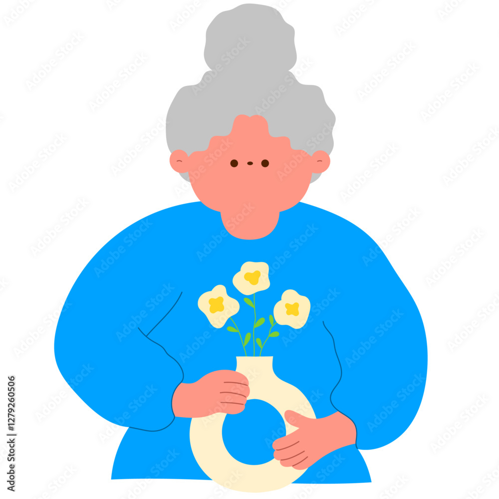 senior woman arranging flowers in a vase, floral decoration flat vector illustration senior woman arranging flowers in a vase, floral decoration flat vector illustration