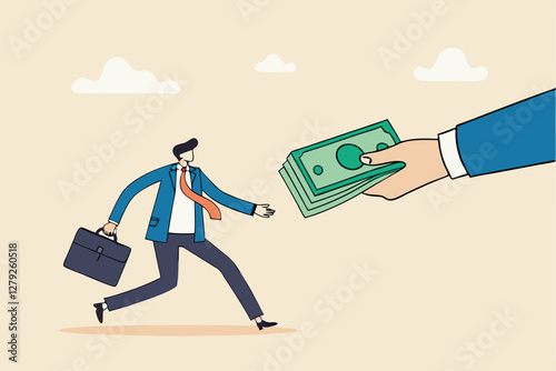 Getting paid, salary, wages payment or bonus, reward or employee benefits, tax refund or investment profit earning, loan or mortgage concept, business man hand giving money banknote to happy employee.